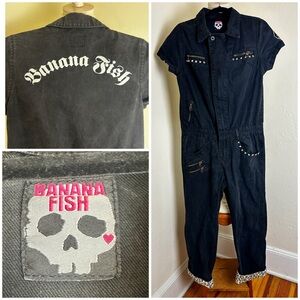 RARE! Banana Fish Japan Black Denim Studded Anime Zip Jumpsuit Goth Y2K Sz M-L